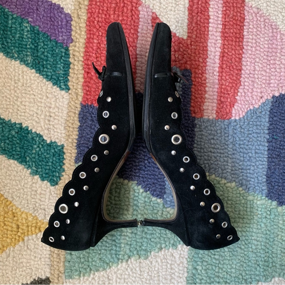 Sacco Black Suede Grommet Pointy Toed Scalloped Edge Kitten Heel Pumps Size 8 38 - Picture 9 of 16